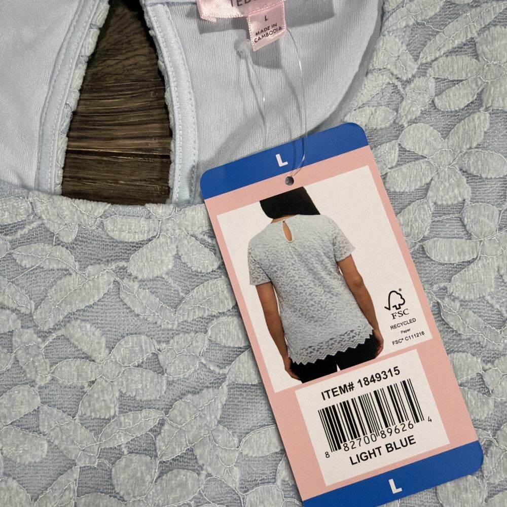 NWT Teddi Rose Sz L Light Blue Floral Lace Top Scalloped Hem Coquette Romantic - Picture 3 of 10